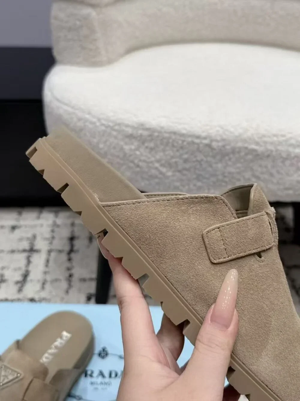 Prada Beige Suede Triangle Logo Buckle Slip-On Mule Clogs